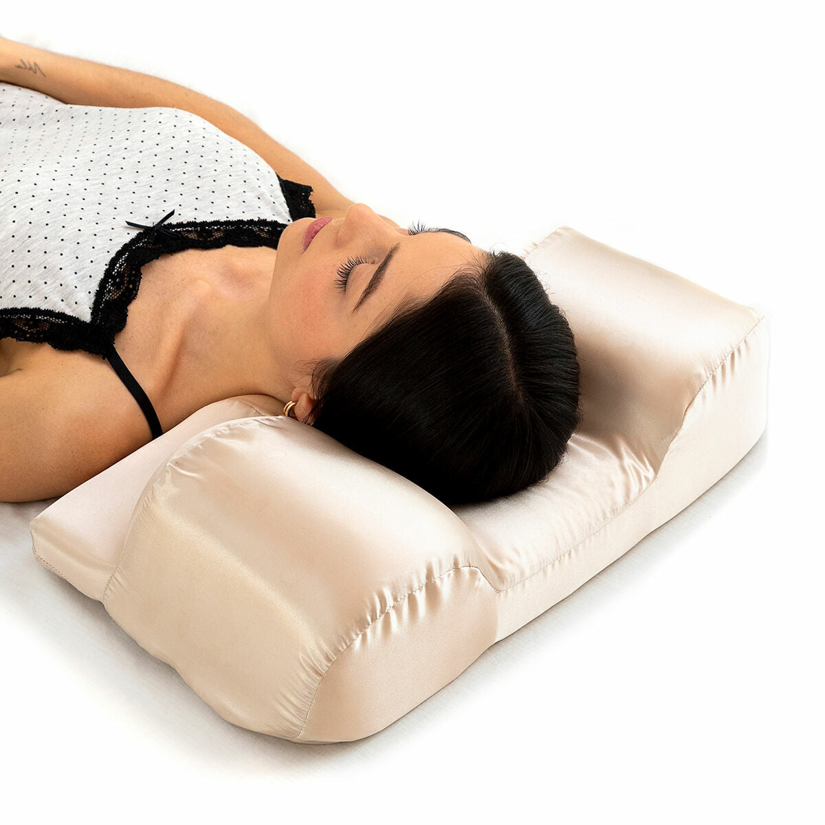Ryppyjä ehkäisevä niskatyyny, satiinipäällinen, ergonominen muistivaahto, beige