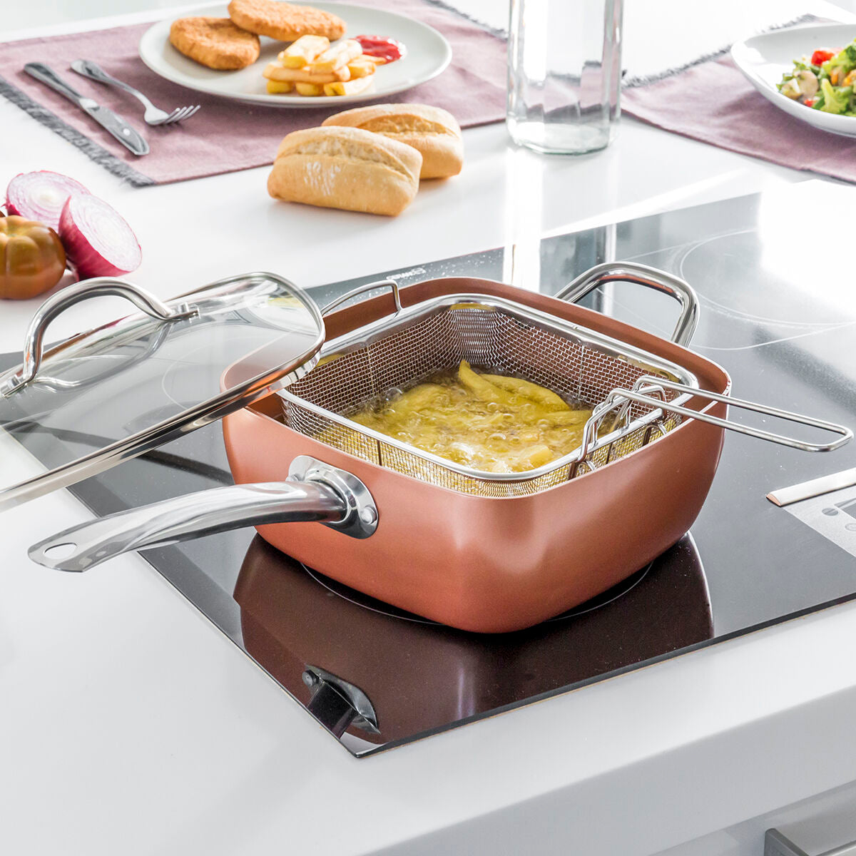 Kuparipintainen non-stick kattila - paisto- ja frittaussetti – friteerauskori astianpesukoneen kestävä – kuva 1