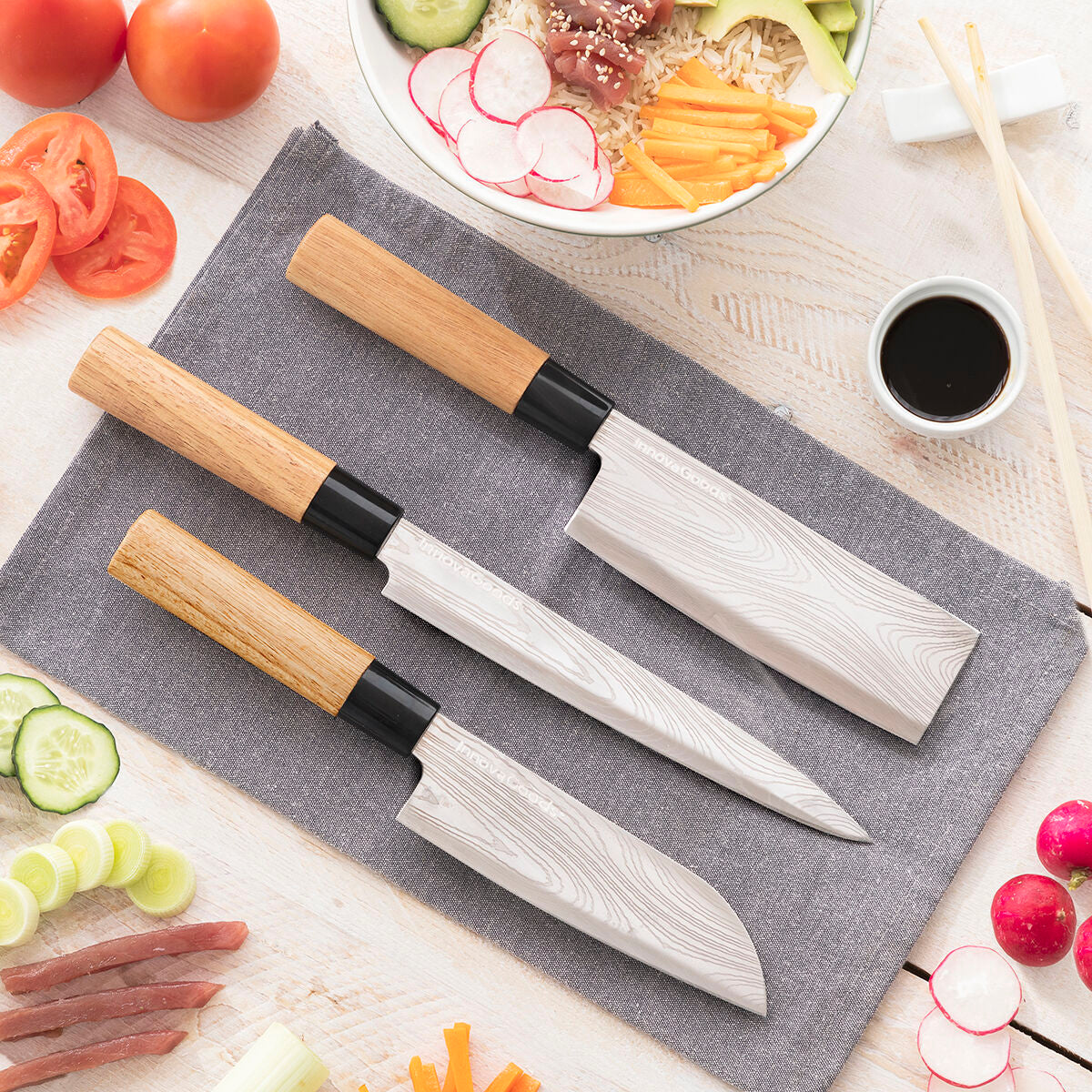 Veitsisetti 3-osaa damascus terät ja ammattimainen kantolaukku – santoku hakkuri – kuva 2