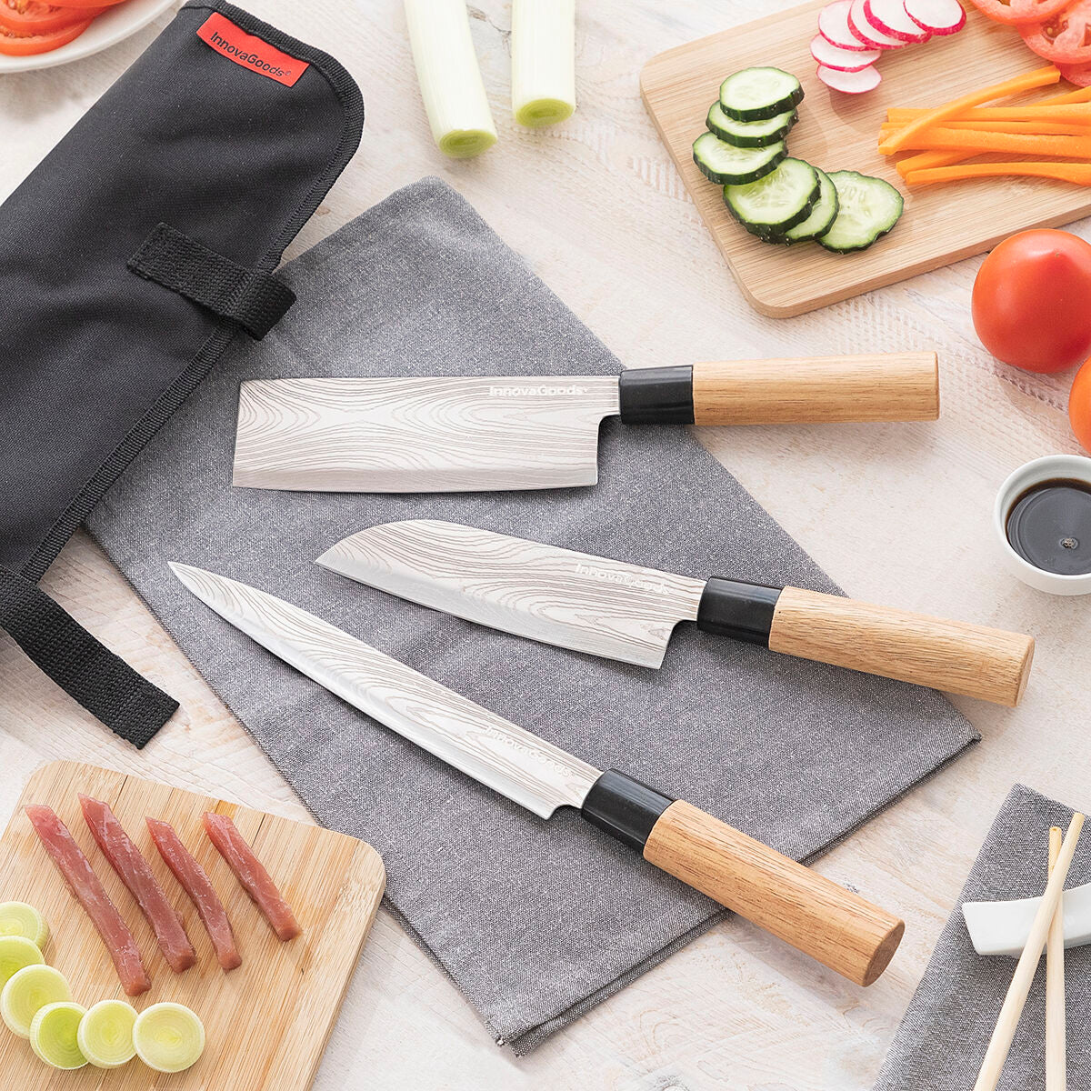 Veitsisetti 3-osaa damascus terät ja ammattimainen kantolaukku – santoku lahja miehelle – kuva 1