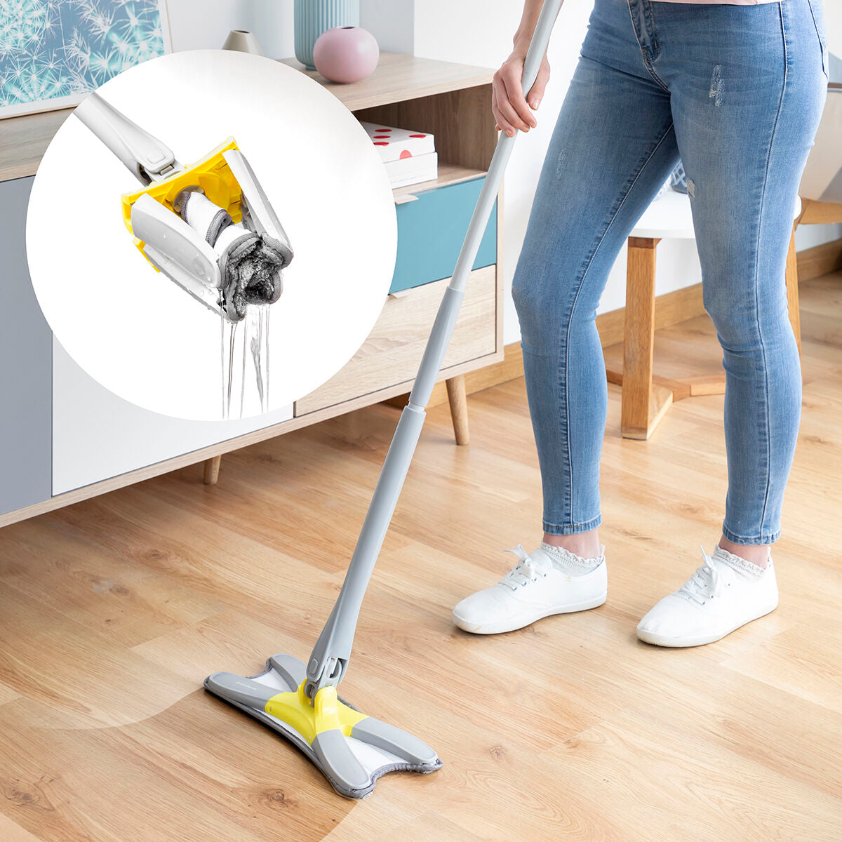 Mikrokuitumoppi itsepuristuva, X-malli 360 kääntyvä pää, jatkovarsi 140 cm – kuiva ja märkäpuhdistus mikrokuitumoppi – kuva 2