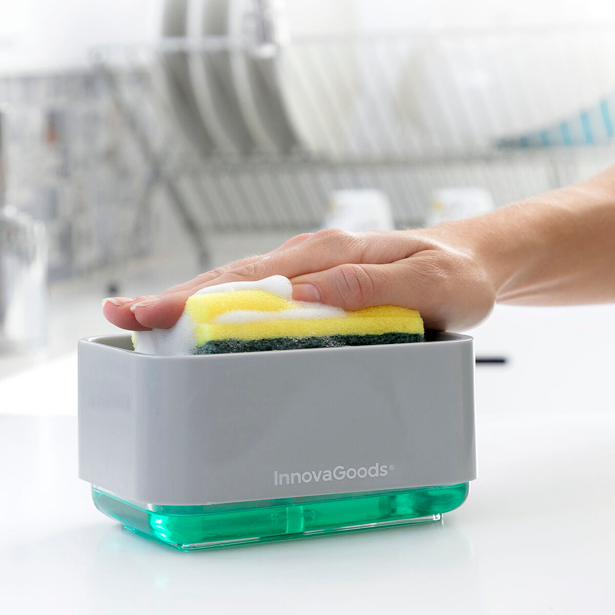 Keittiön pesuaineannostelija 2-in-1, sieniteline & valumisäiliö 330 ml – antibakteerinen valumisäiliö – kuva 9