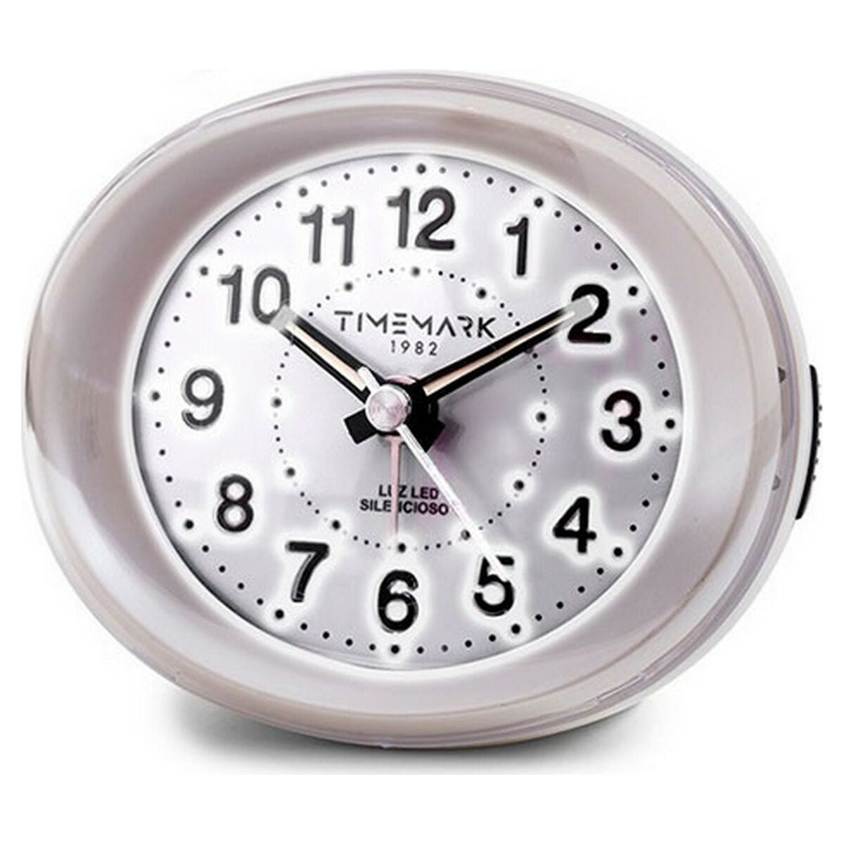 Analoginen herätyskello hiljainen LED snooze yötila 9×9×5,5 cm valkoinen