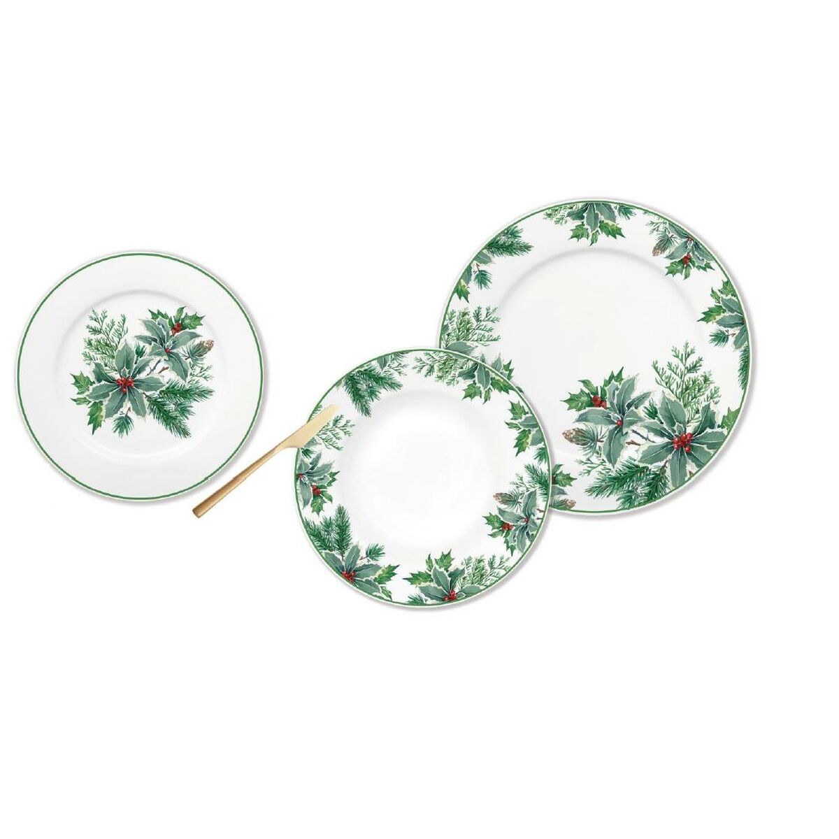 Astiasto 18 osaa posliini, joululehti-kuvio, valkoinen & vihreä 27 cm pöytään