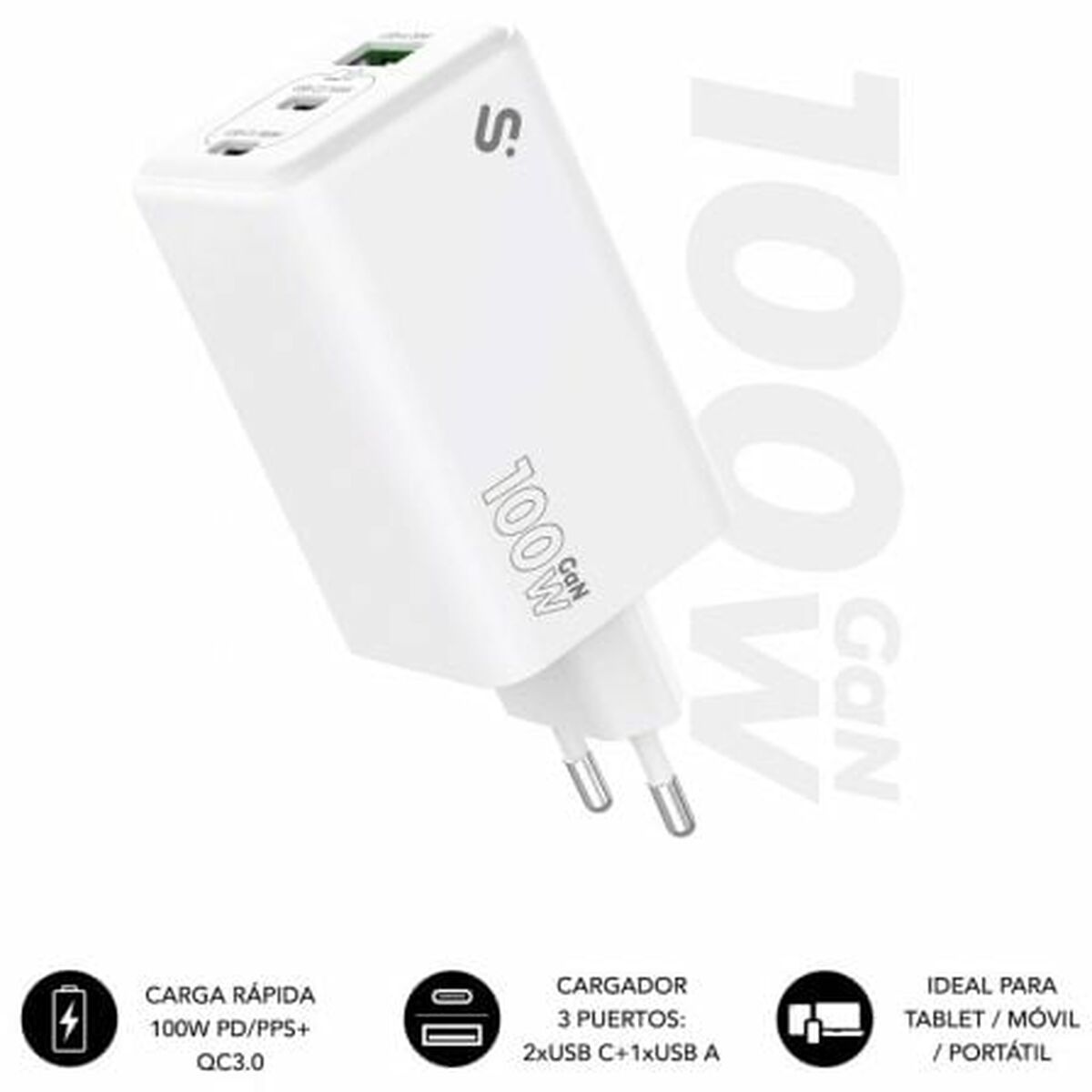 Autolaturi 100W, 3-porttinen 2xUSB-C + 1xUSB-A QC3.0, valkoinen matkalle Subblim