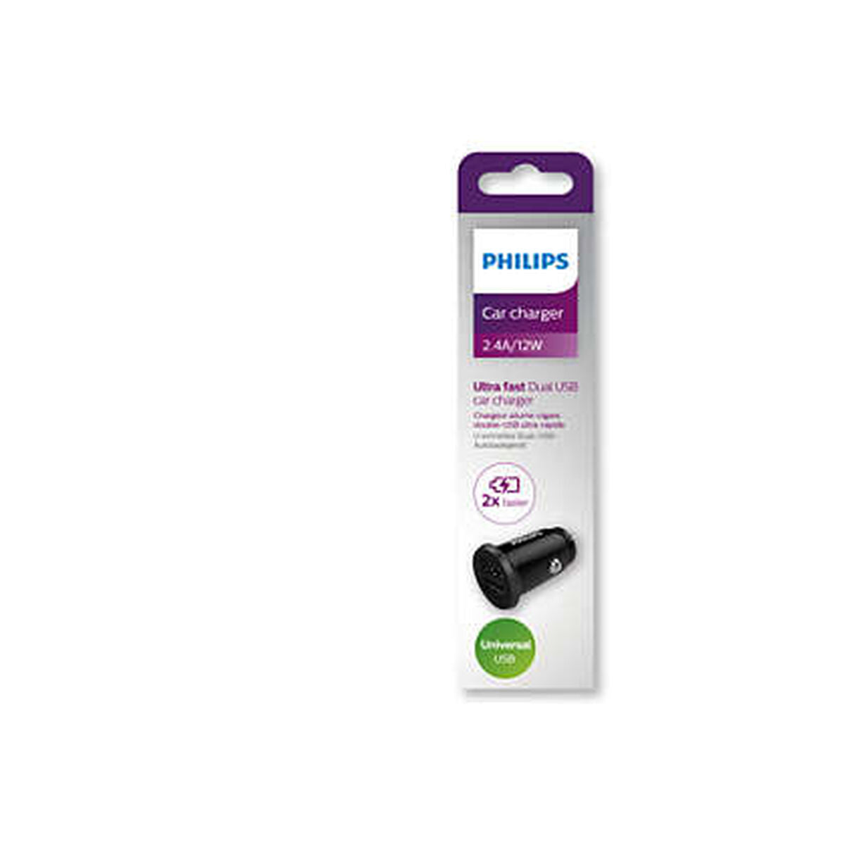 Autolaturi 2×USB 12 W, 12–24 V, USB-A autoon, mini, kompakti, musta - Philips