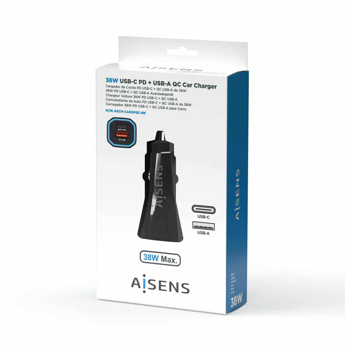 Autolaturi 38 W USB-C PD 20W + QC 3.0 USB-A, 2-porttinen, musta, autoon