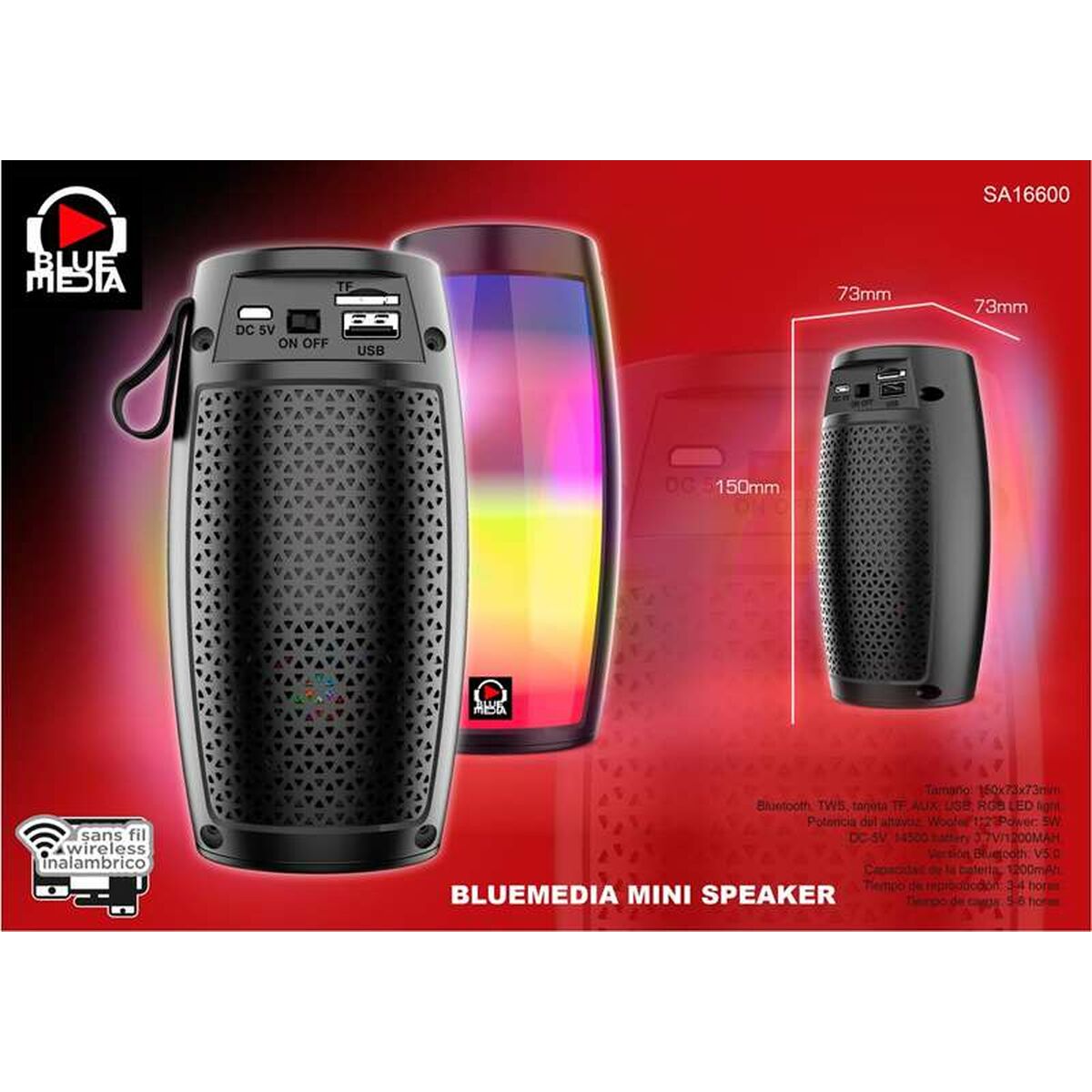 Bluetooth-kaiutin 5 W, USB & LED-valo, kannettava musta 16 x 8,2 x 8,2 cm