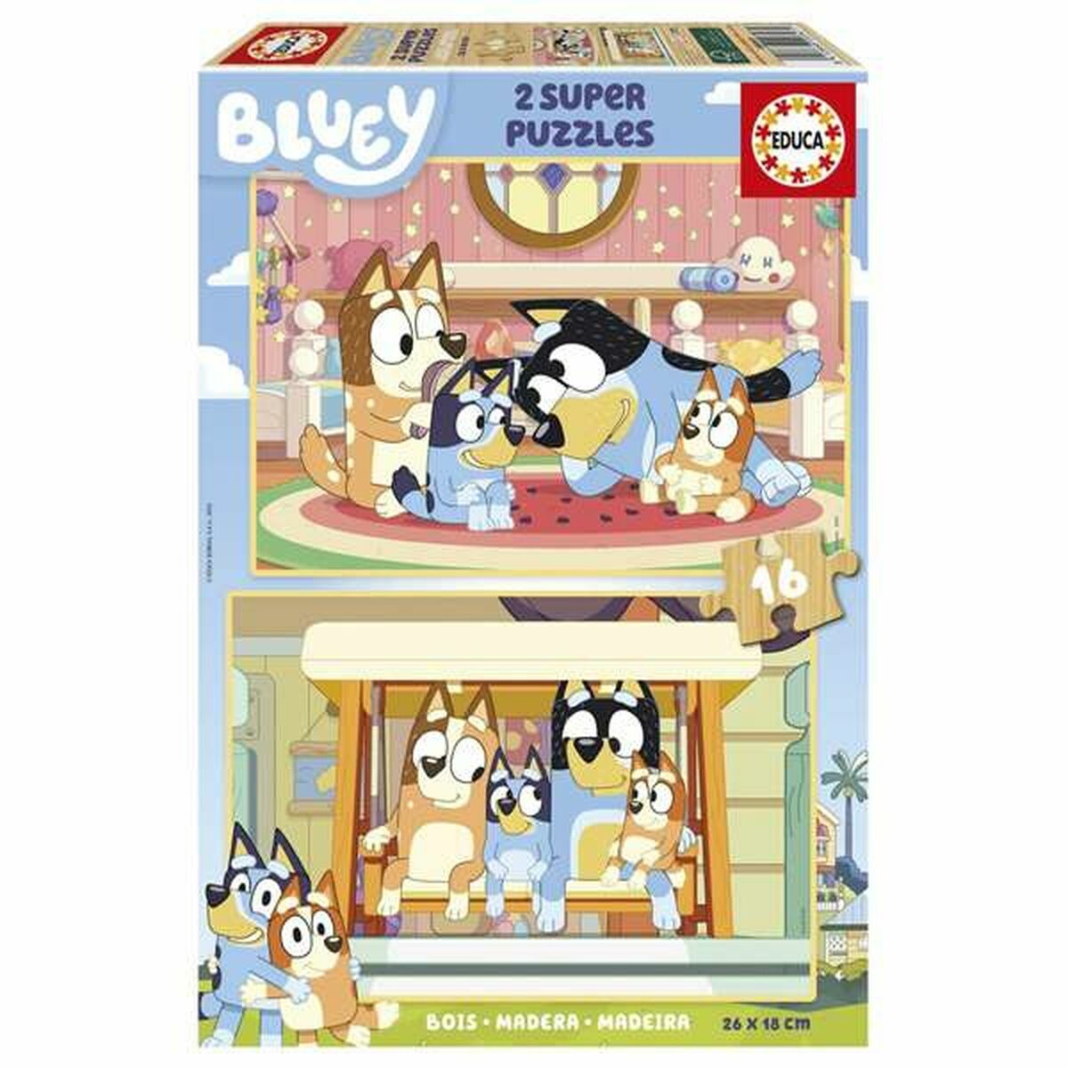 Bluey palapeli 2 kpl, 16 palaa, puinen lasten palapeli 3+ vuotta, 1-4 pelaajalle