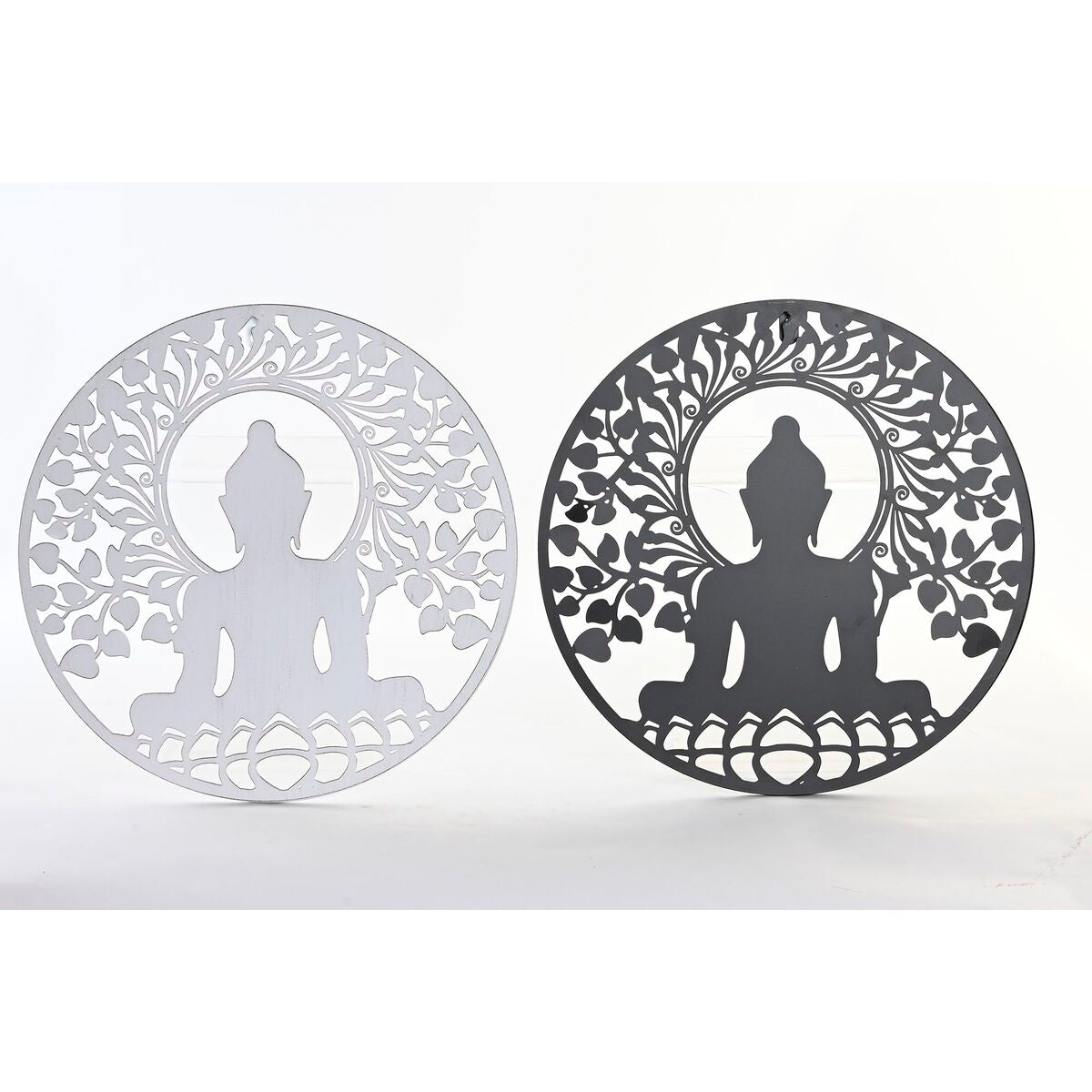 Buddha seinäkoriste metalli, lehtikuvio – 2 kpl Ø40 cm musta & valkoinen