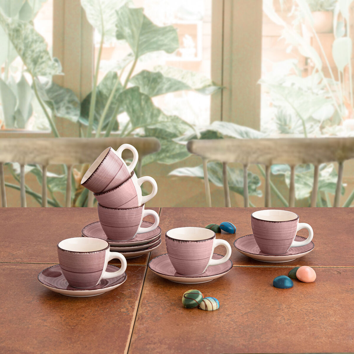 Espresso-kupit ja lautaset 90 ml, 6 kpl pinkki, keraaminen aamukahville