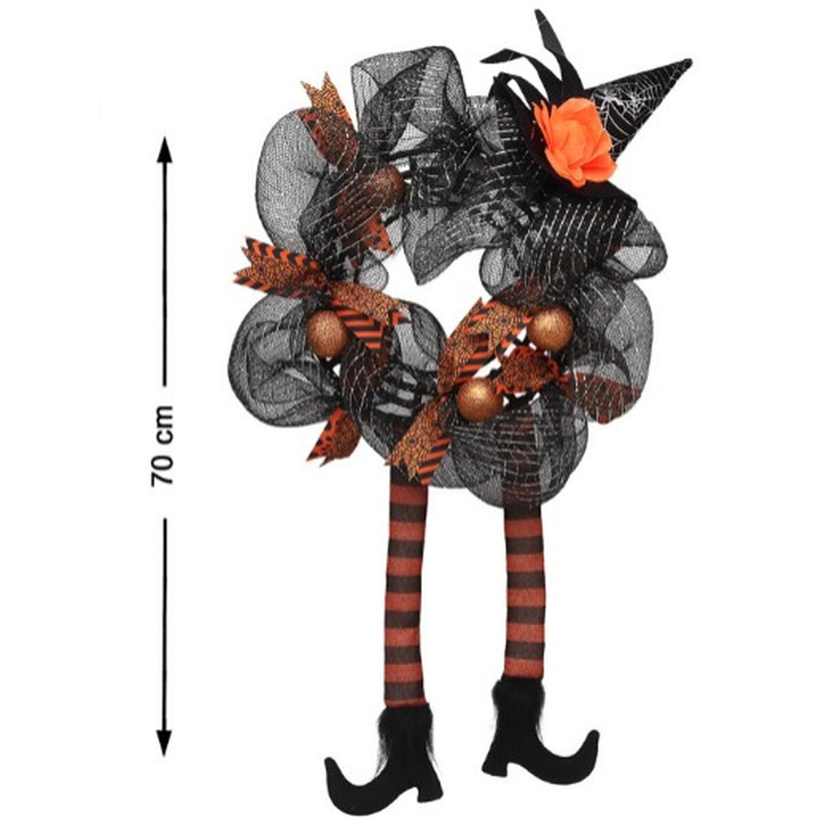 Halloween-kranssi noidan jaloilla 70 cm, ovikoriste musta-oranssi, juhlakoriste
