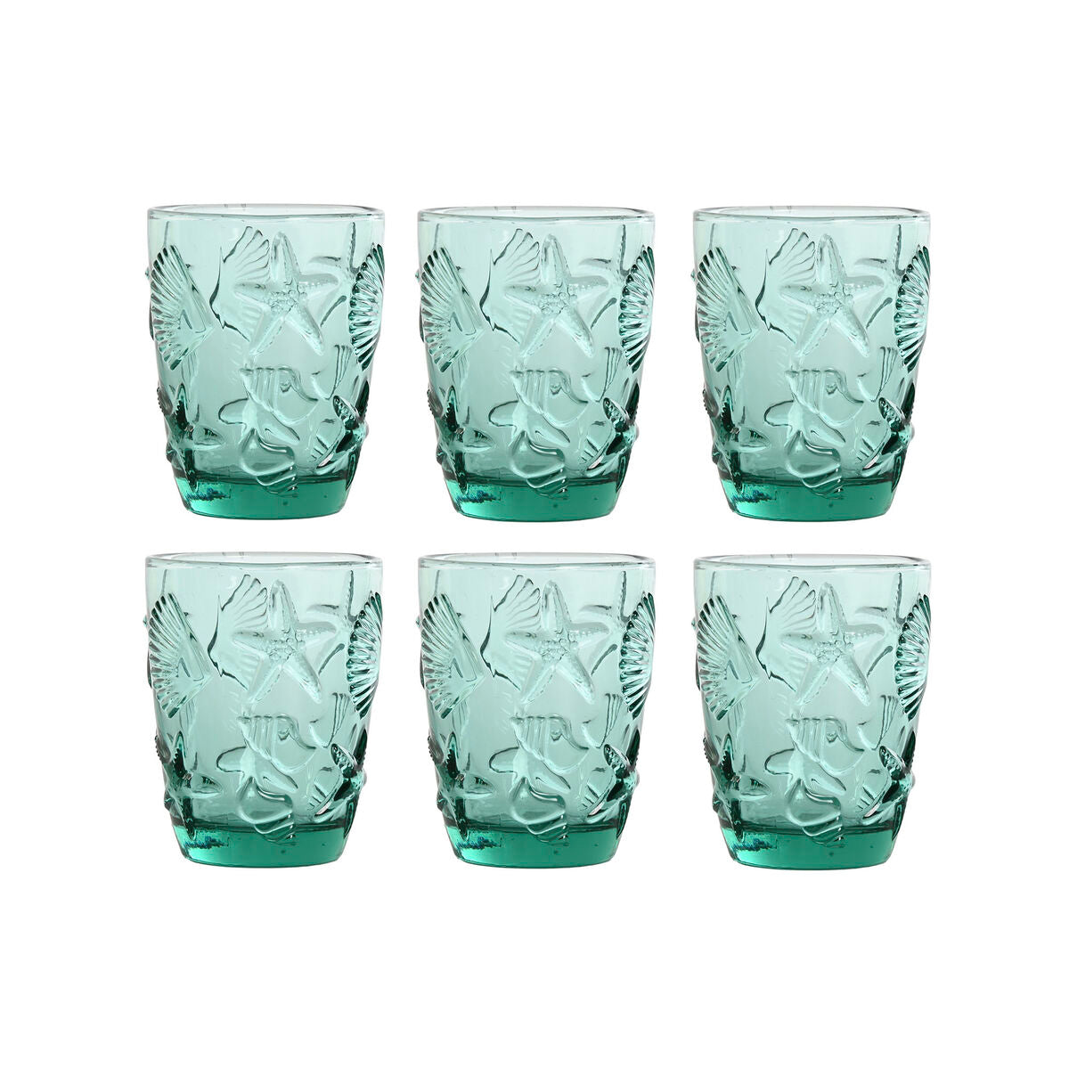 Juomalasisetti 6 kpl 290 ml, turkoosi kristallilasi meriaihe reliefeillä