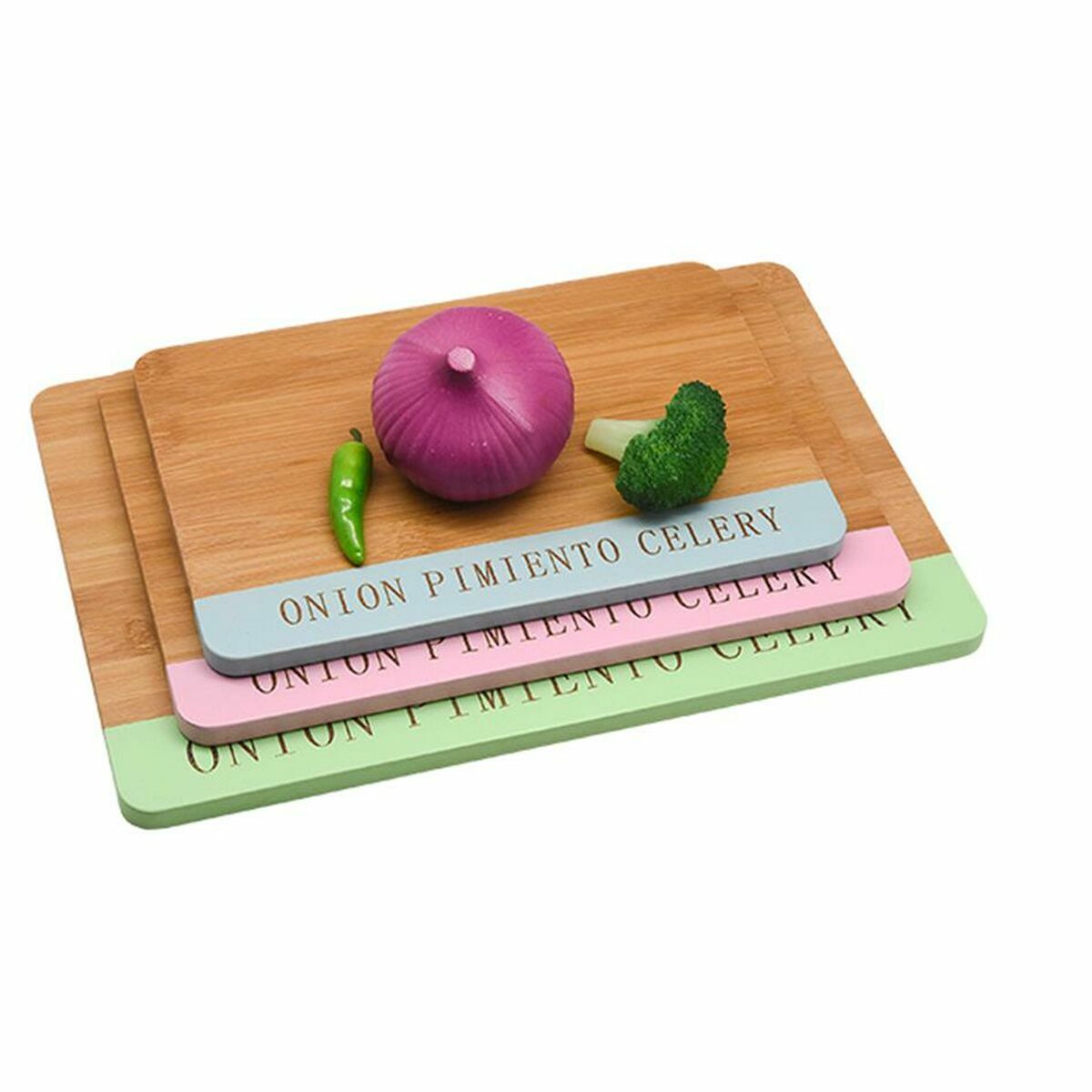 Juustolauta bambu 33,5×24×2 cm, 3 kpl, ruostumattomat veitset, pastellisävyt