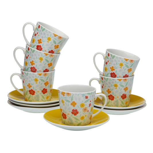 Kahvikuppisetti 6 osaa posliinia, kukkakuvio & lautaset 14 cm kupit 10,5×8×6 cm