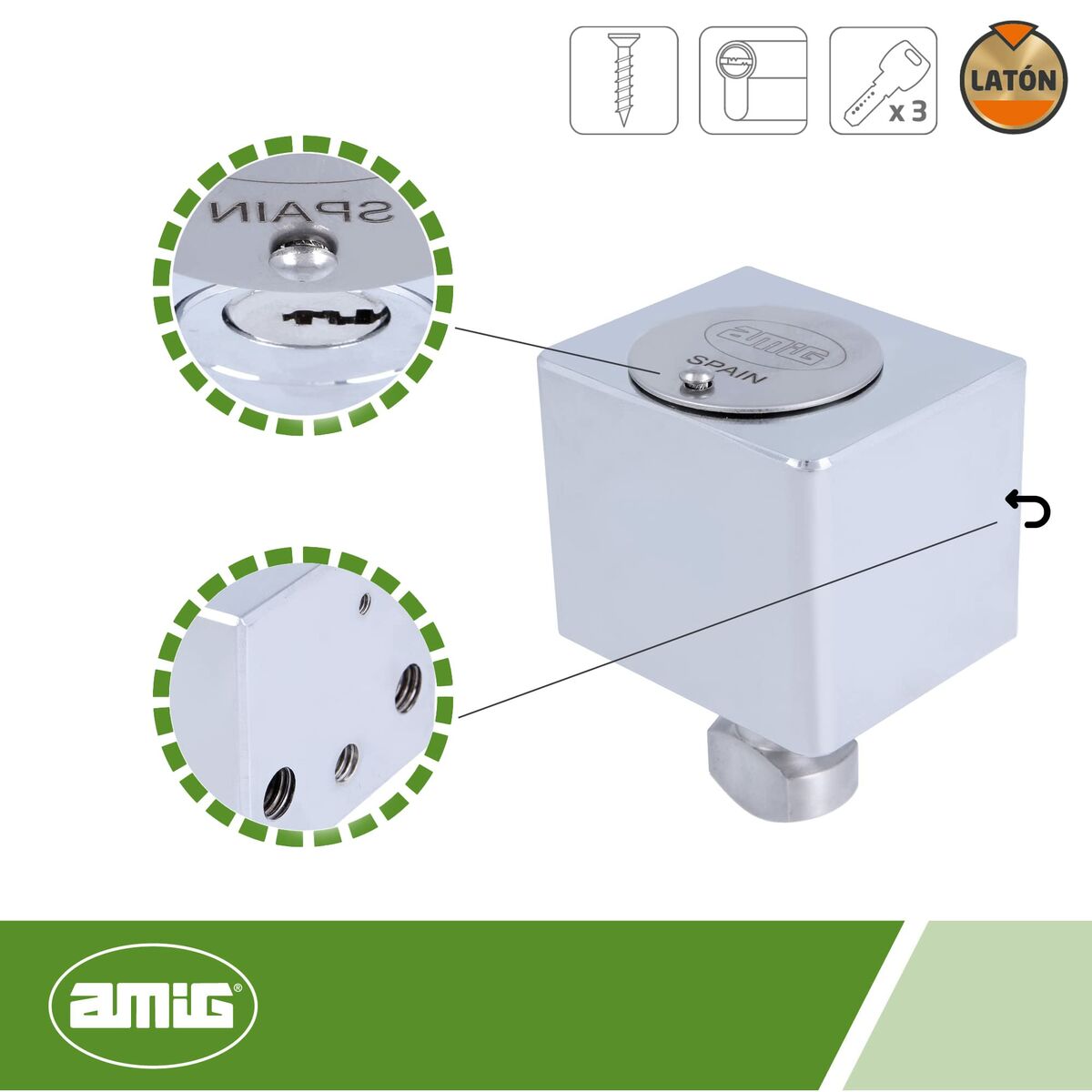 Kaihdinlukko messinki kromattu 6 x 5 cm neliömalli yläavaus, kansi & 3 avainta