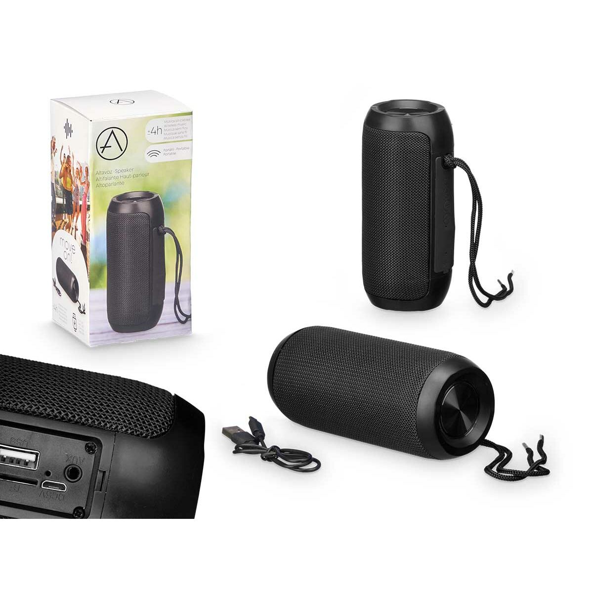 Kannettava kaiutin Bluetooth, FM-radio, SD/USB & aux, kompakti, musta, matkalle