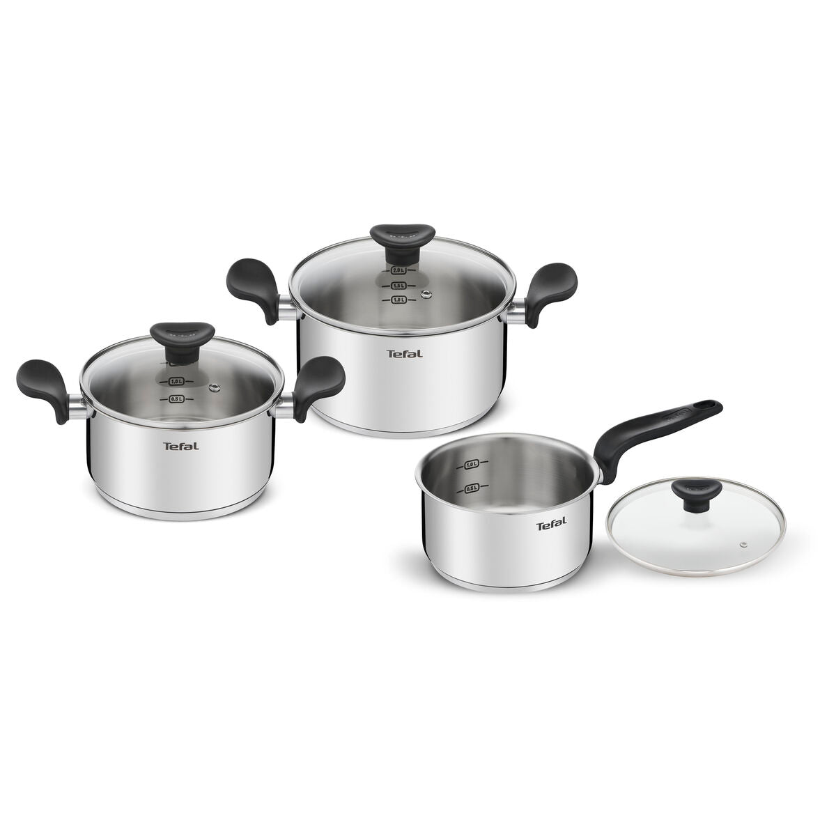 Kattilasetti 3-osainen ruostumaton teräs, lasikannet & mitta-asteikko, Tefal