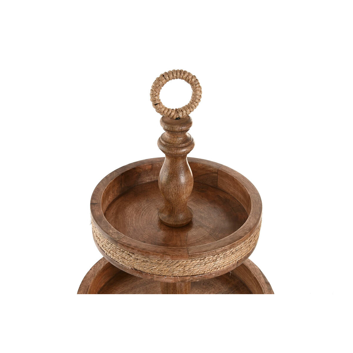 Kolmitasoinen tarjoiluvati mangopuusta 38x38x63 cm, ruskea köysi, keskipöydälle