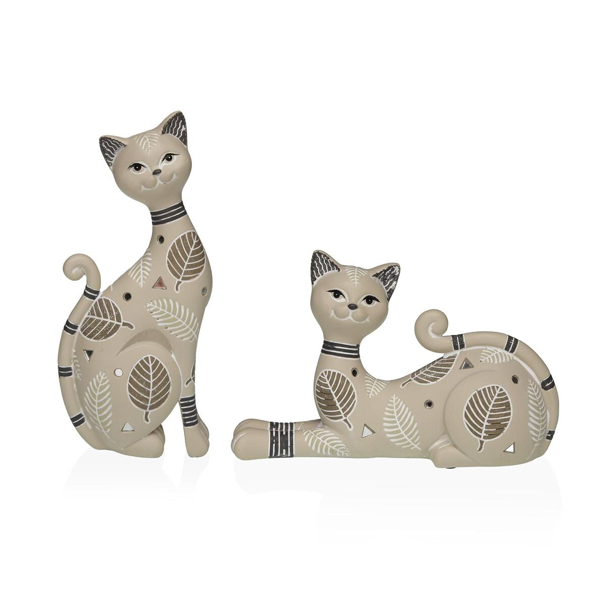 Koristekissa lehtikuvioitu beige resiininen sisustusfiguuri 22,5 x 10,5 x 5 cm