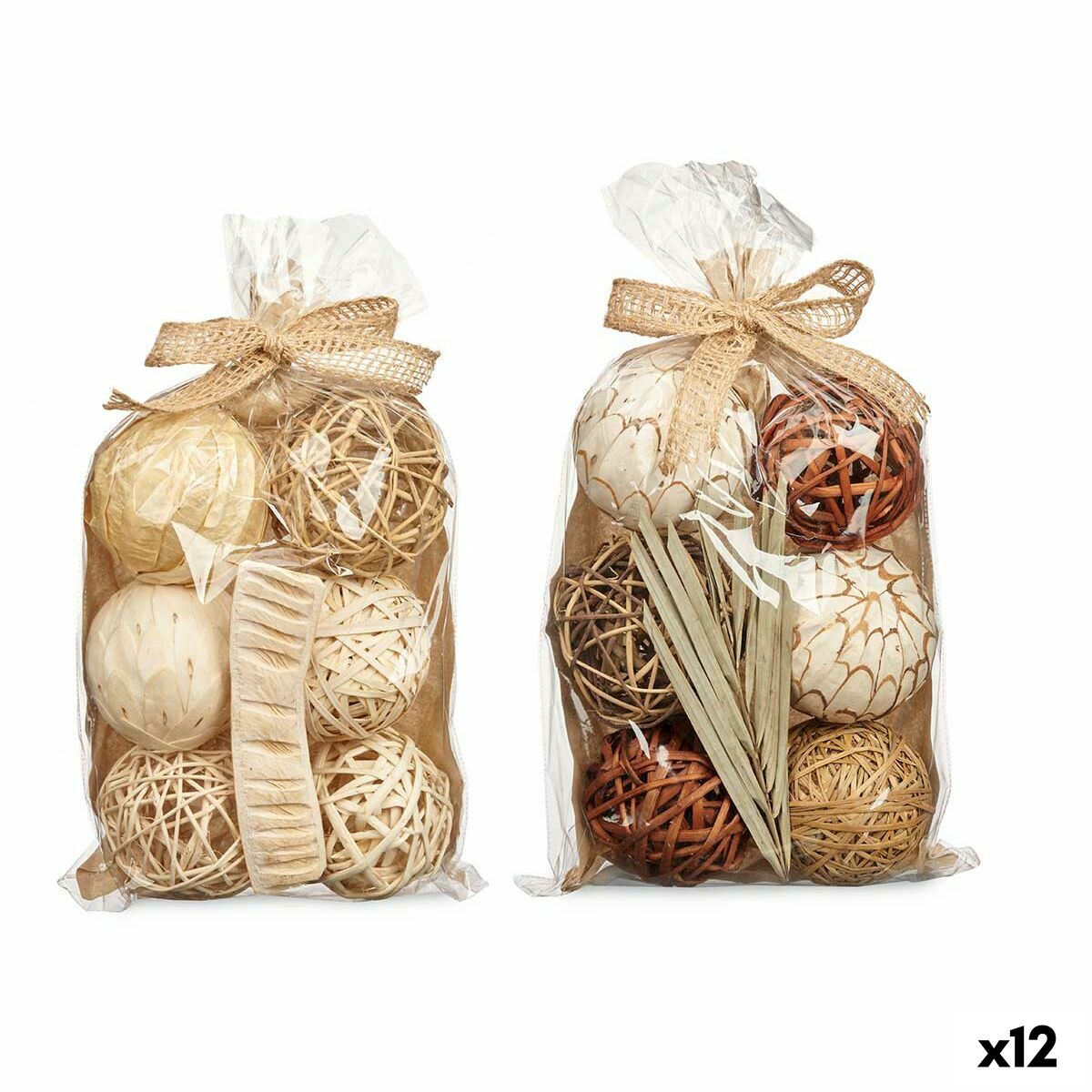 Koristepallot 12 osaa, puu & kuitu, valkoinen & ruskea, 22 x 40 x 9 cm, sisustus