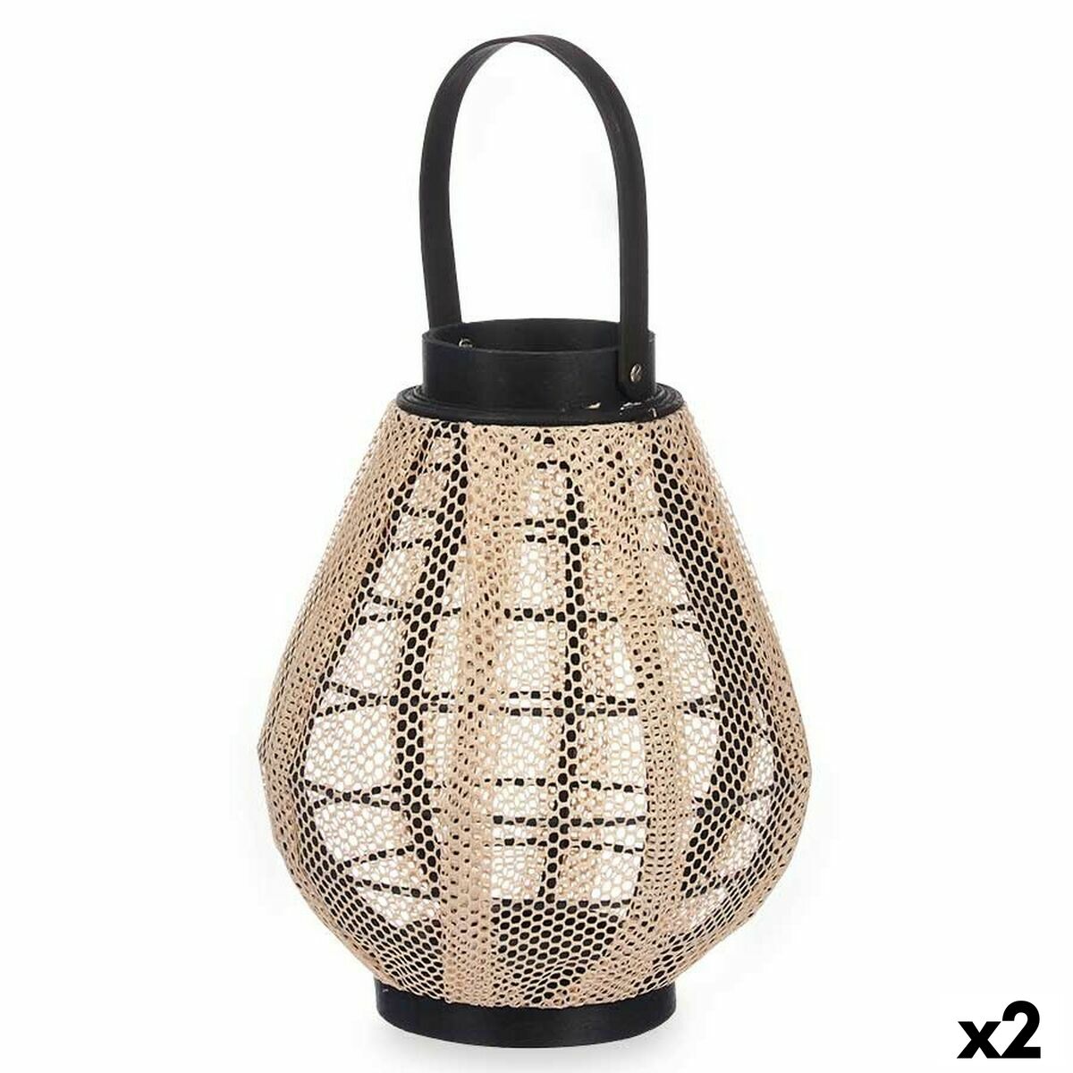Kynttilälyhty beige-musta 25 x 30 x 25 cm, puu & lasi, kahvallinen 2 kpl sisälle