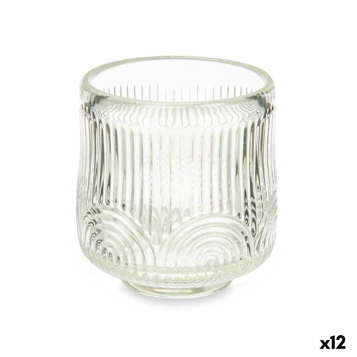 Lasinen kynttilänjalka raidallinen, läpinäkyvä 7,5×7,8×7,5 cm, 12 kpl