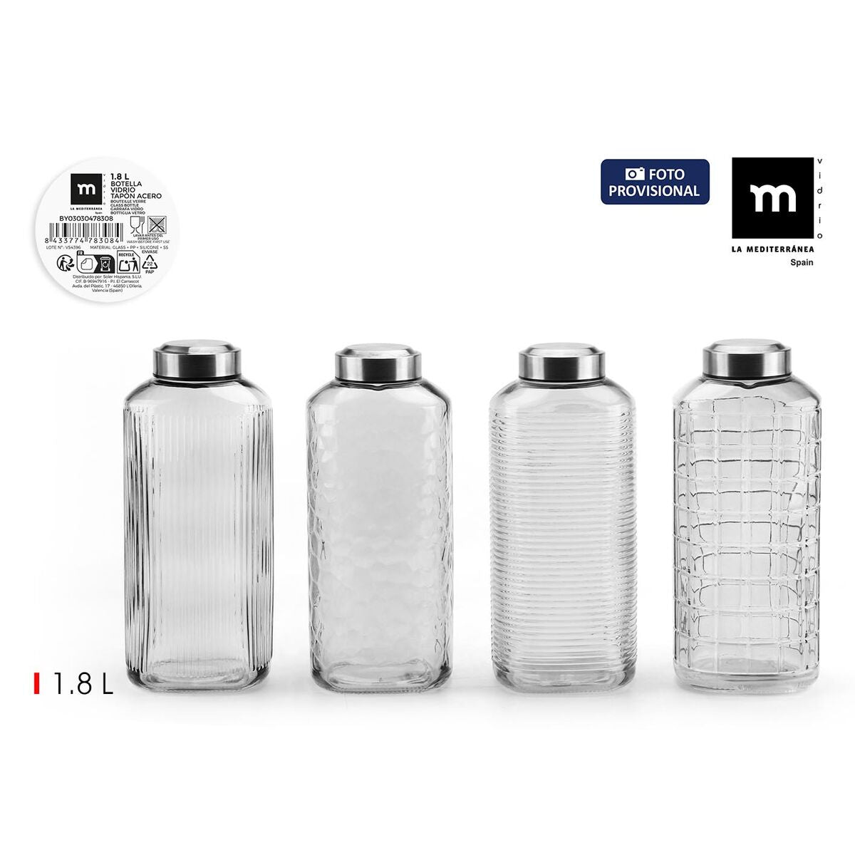 Lasipullo 1,8 l 8 kpl, teräskannella - säilytyspullo keittiöön & kaappiin