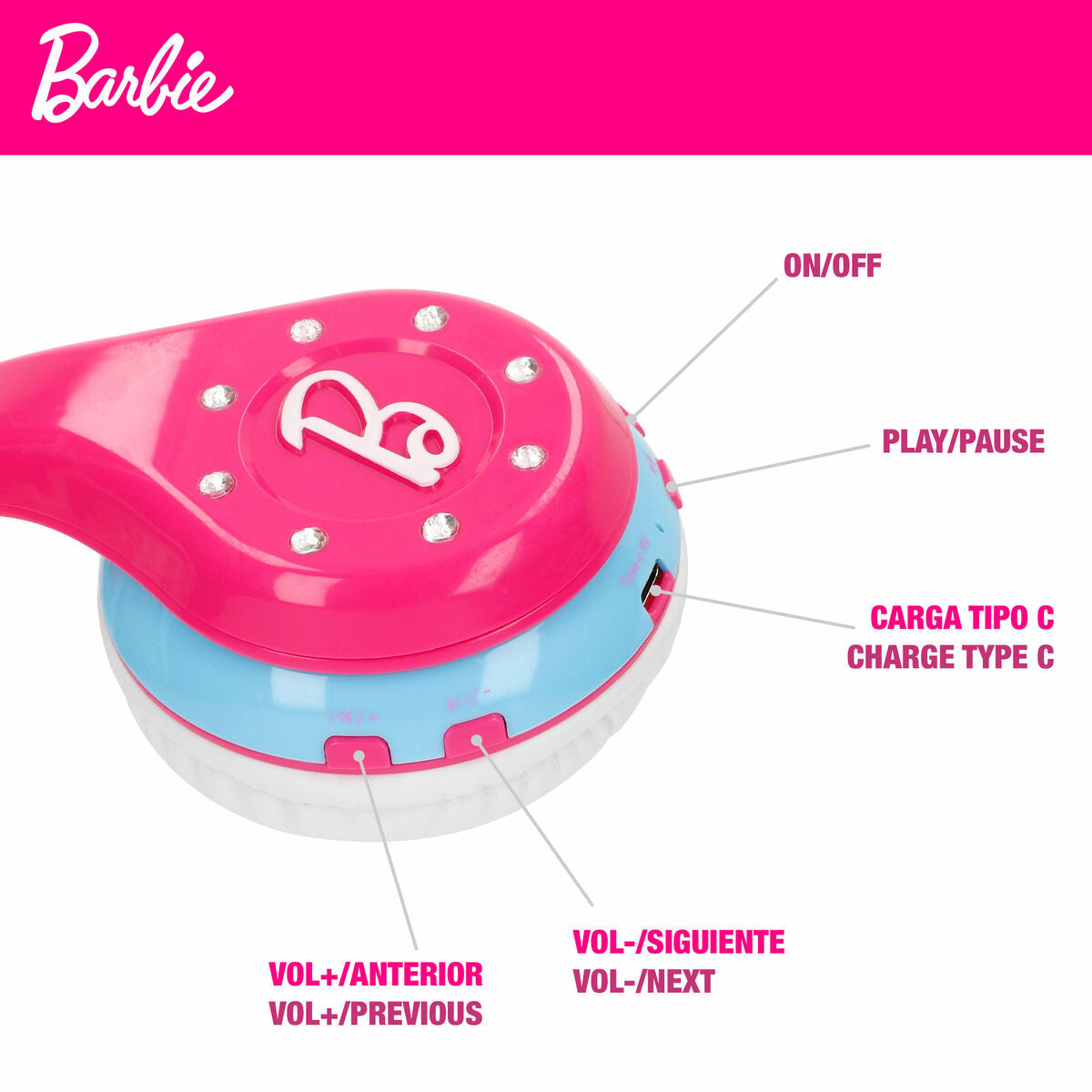 Lasten Bluetooth-kuulokkeet, pinkki-vaaleansininen, pehmustetut, Barbie