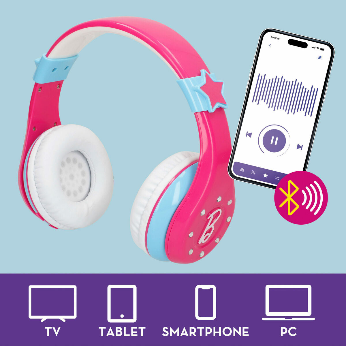 Lasten Bluetooth-kuulokkeet, pinkki-vaaleansininen, pehmustetut, Barbie