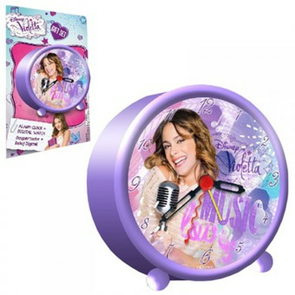 Herätyskello analoginen violetti, Violetta-kuvitus mikrofoni, lapsille Disney