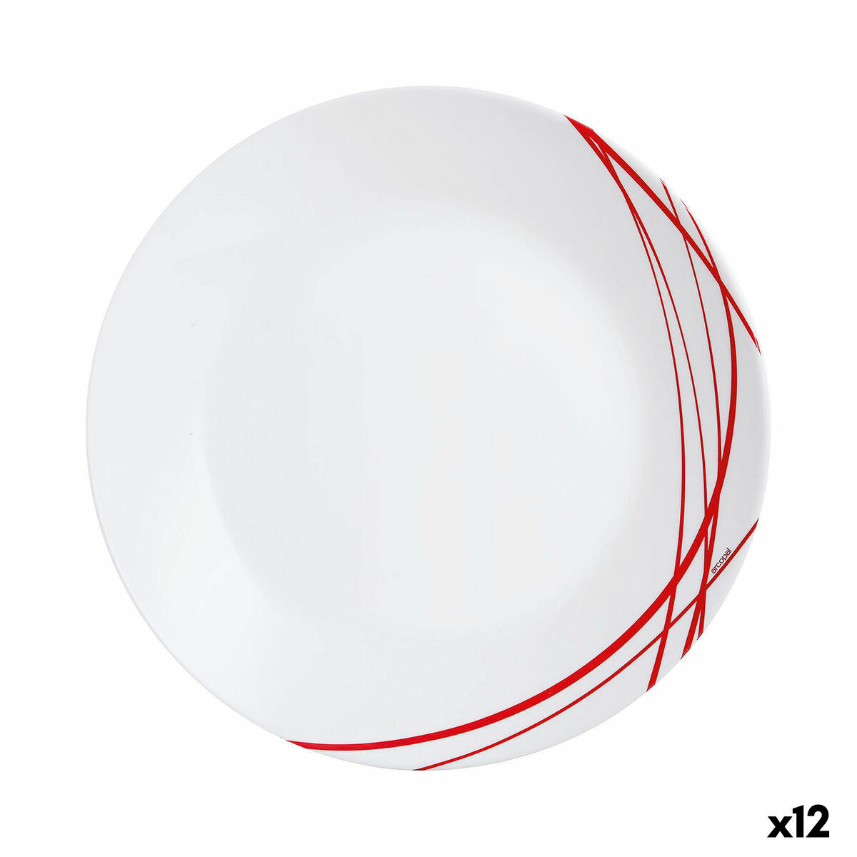 Lautanen 25 cm litteä lasinen, punavalkoinen koristakuosi, 12 kpl Domitille