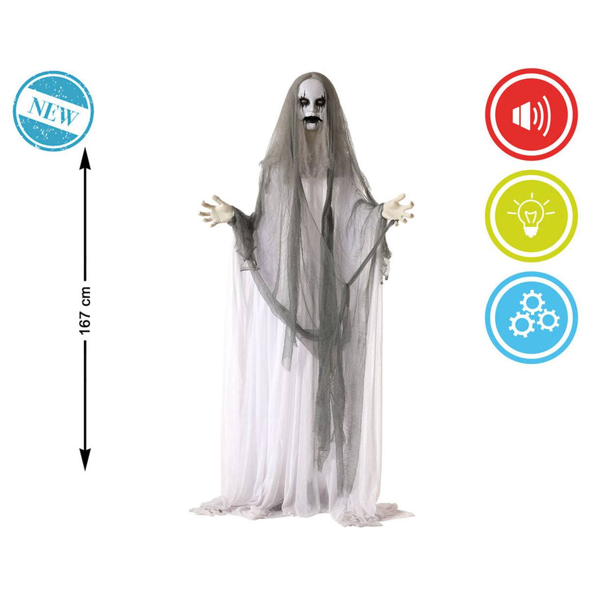 Halloween-koriste 167 cm, valo & ääni, liikkuva pelottava nunna sisäkäyttöön