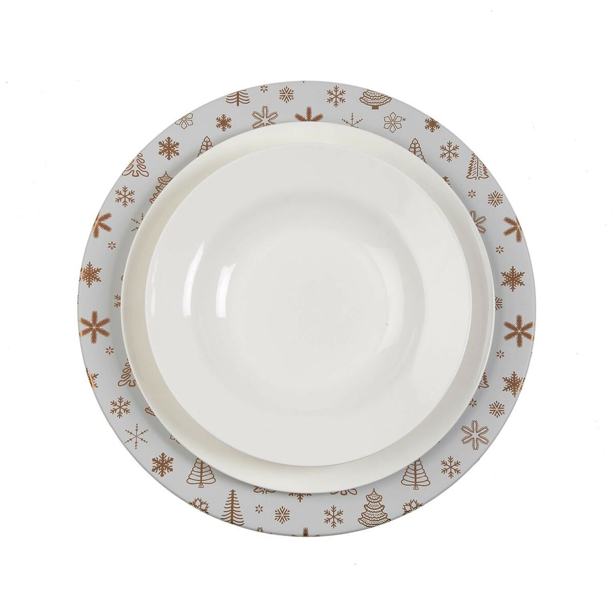 Aluslautanen metallinen 33 cm, valkoinen-kultakuosi, joulukattaukseen & juhlaan