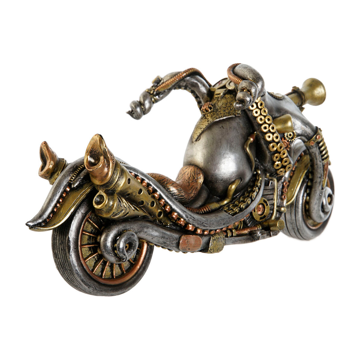 Moottoripyörä koristehahmo, steampunk harmaa & messinki 30 x 11 x 14 cm