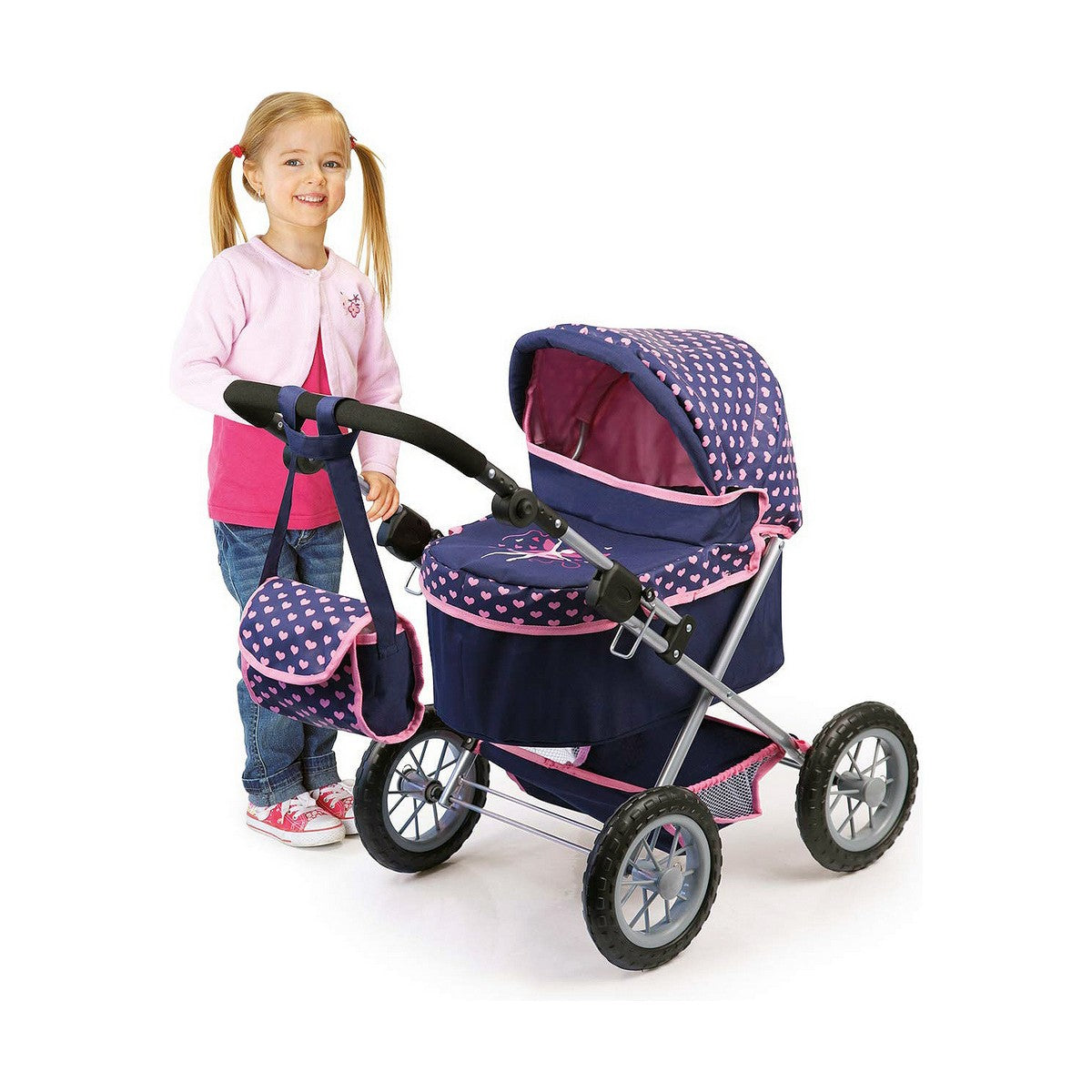 Nuken vaunut 45 cm, sininen & pinkki sydänkuvio, hoitolaukku, koottava, 3+ v