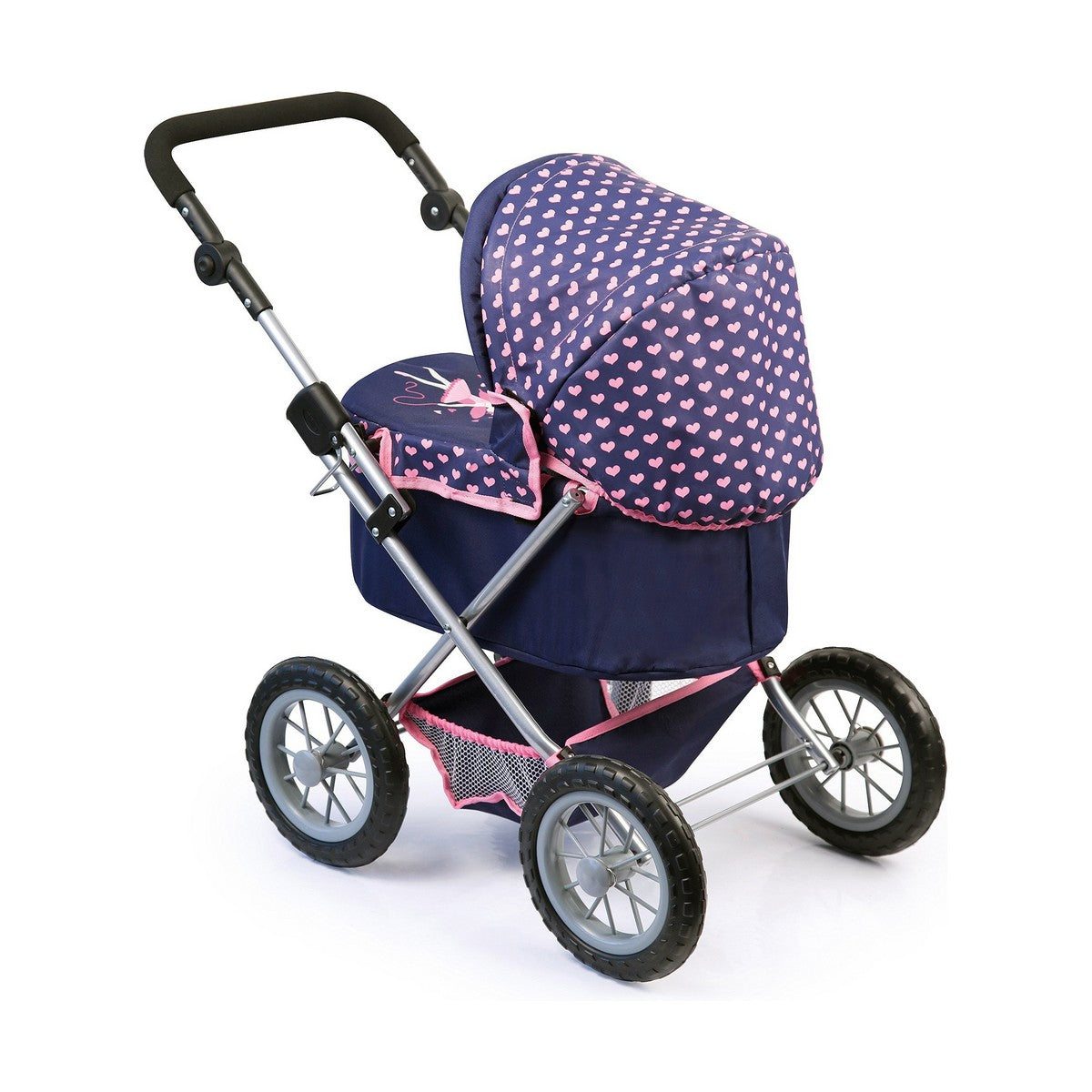 Nuken vaunut 45 cm, sininen & pinkki sydänkuvio, hoitolaukku, koottava, 3+ v