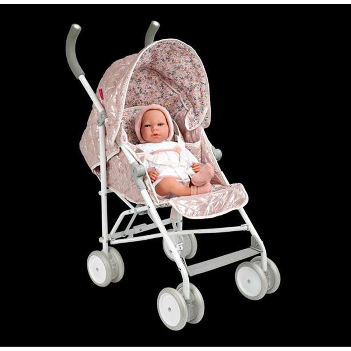 Nukenvaunut koottavat, vaaleanpunainen kukkakuosi, 34×61×73 cm, +3 v, leikkeihin