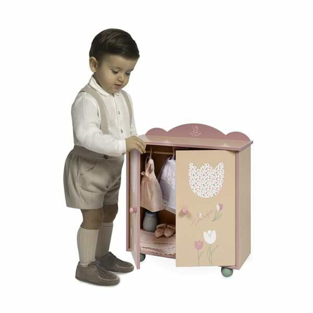 Nukkekaappi puinen, beige-roosa kukkakuosilla, kaappi nukeille, lapsille 3+