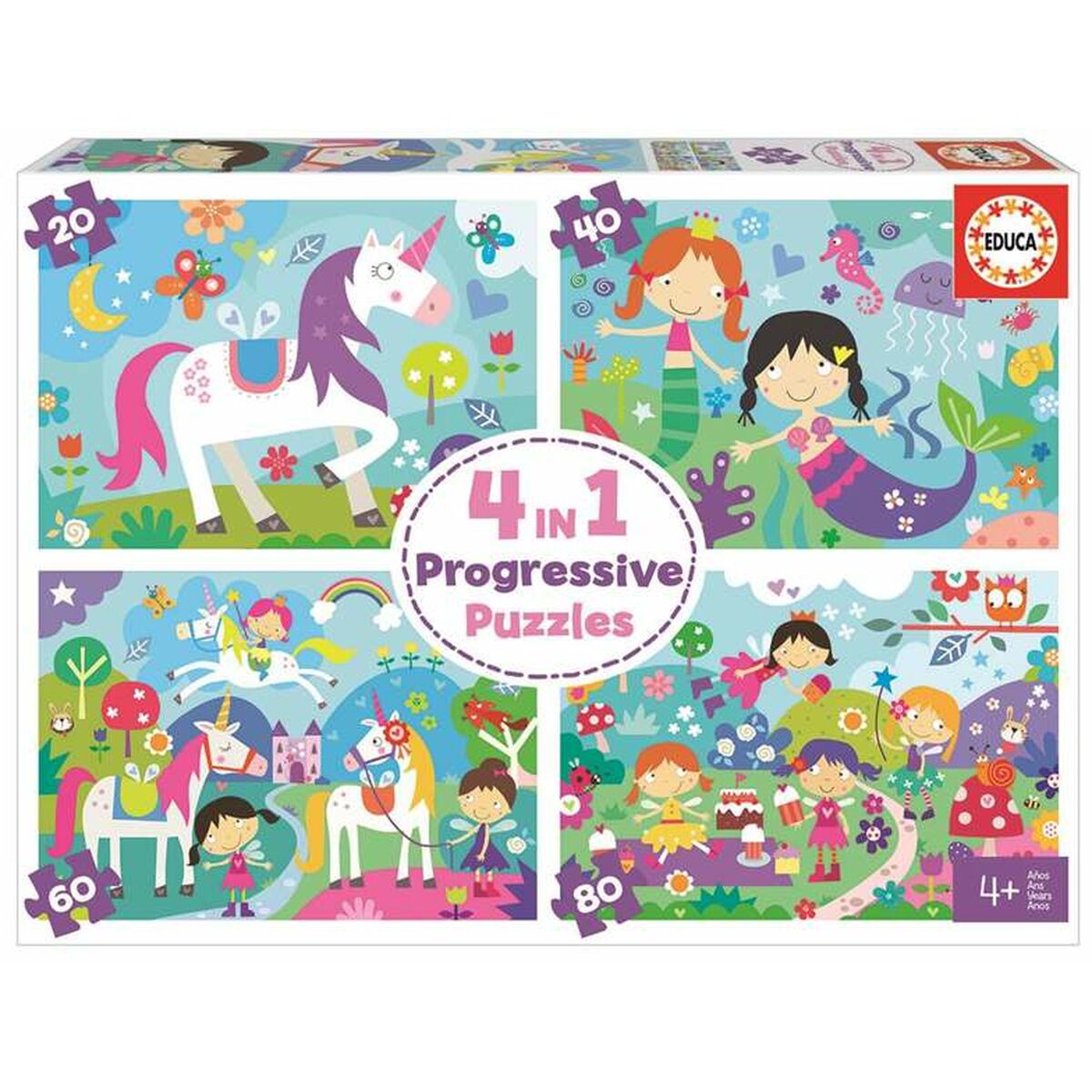 Palapeli setti 4 kpl, fantasia, 20/40/60/80 palaa, 3+, yksisarviset lapsille