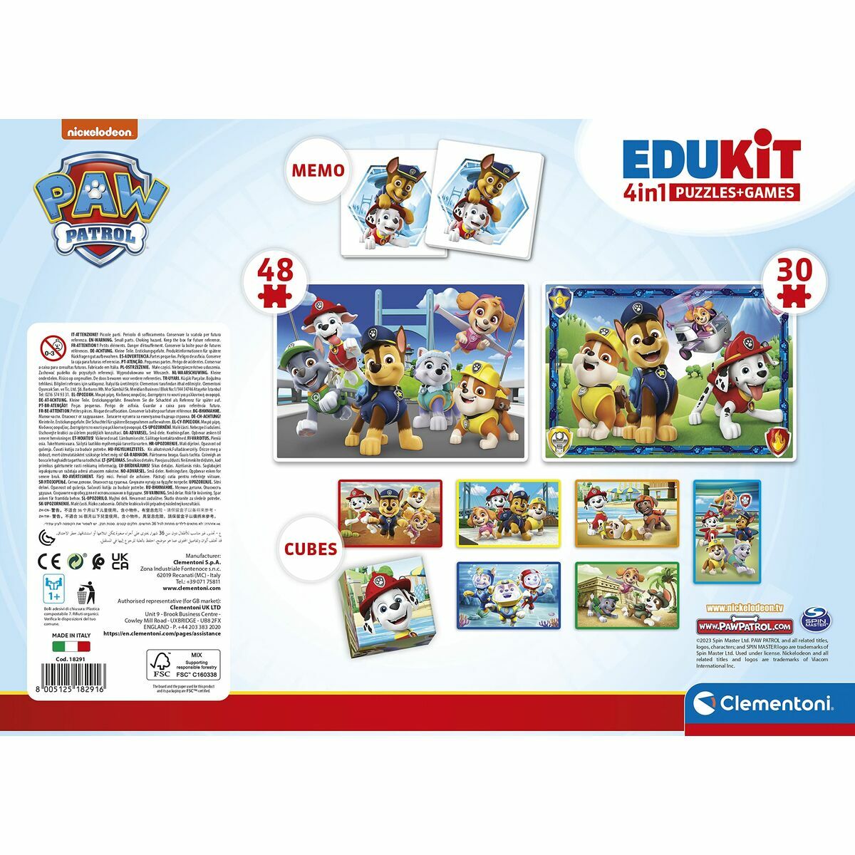 Paw patrol palapeli 4-in-1 setti, memo & kuutiopelit, 3+ lapsille Clementoni