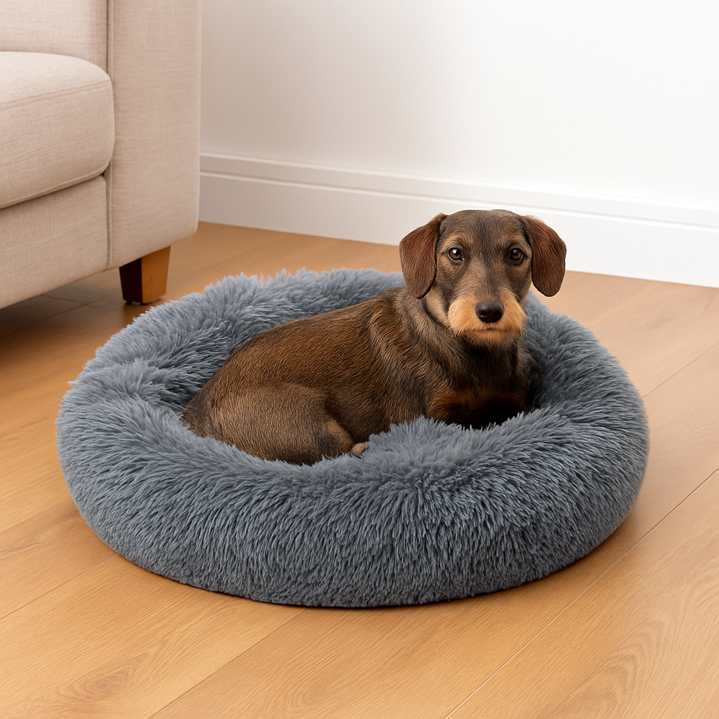 Rauhoittava koiran- ja kissanpeti, pörröinen pehmeä donitsi Ø 60 cm, harmaa, korkea reuna – Harmaa väri Käsin pestävä – ku…