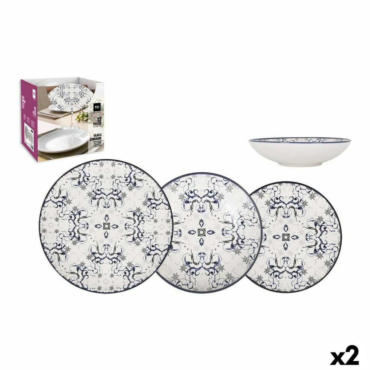 Posliini astiasetti 12 osaa, 2 kpl pakkaus - sinivalkoinen kuvio Ø26/21/20 cm