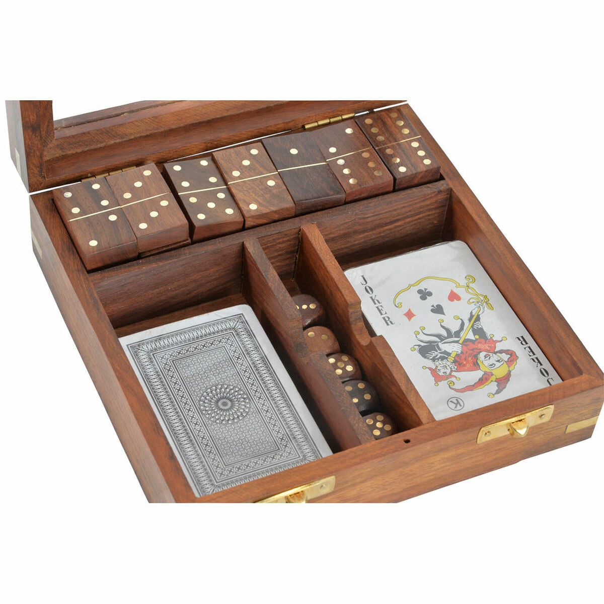 Puinen peli-setti käsintehty, domino & kortit, sheesham 17×17×5,5 cm 4 osaa