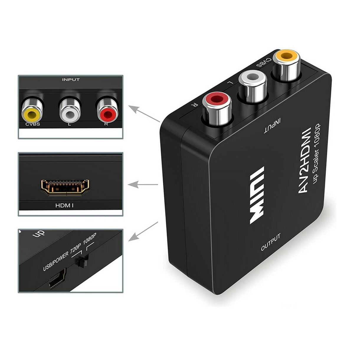 RCA–HDMI muunnin 1080p - AV (3x RCA) upscaler vanhoille laitteille