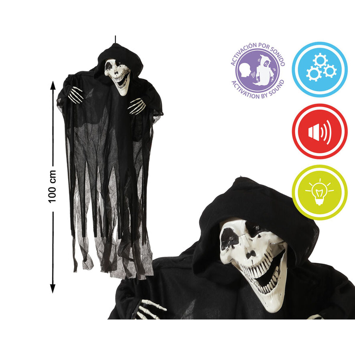 Halloween-koriste 100 cm roikkuva luuranko, liikkuva koriste, valo & ääni