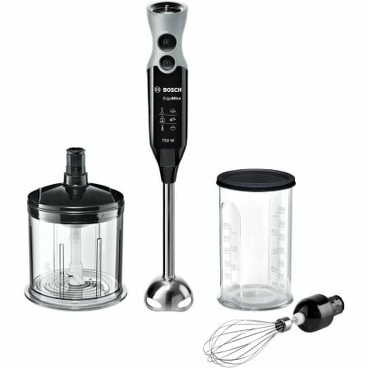 Sauvasekoitin 750 W, 600 ml kannu, ruostumaton terä & silppuri, musta - Bosch