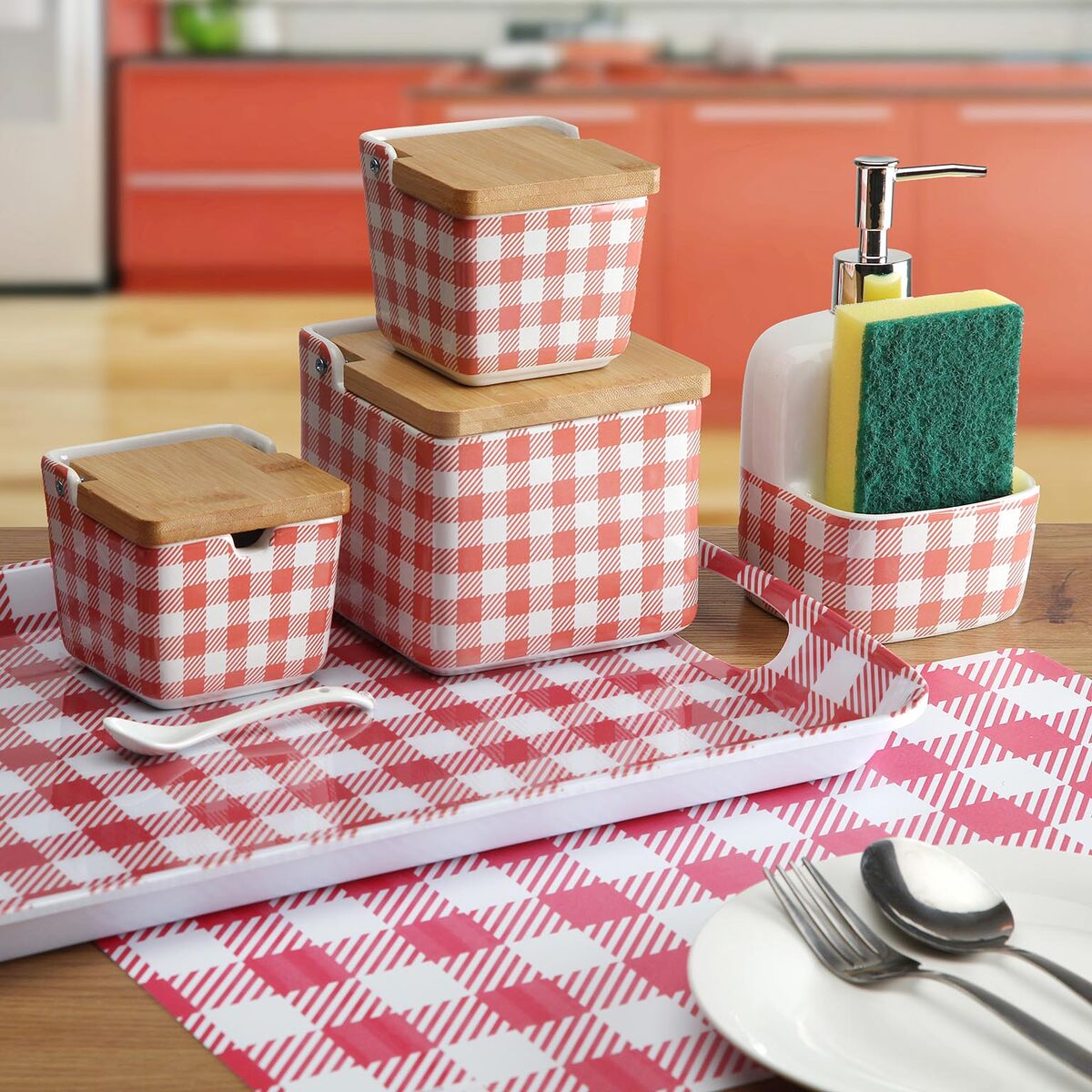 Sokeriastia, keraaminen 8,8 x 8,5 x 8,8 cm, vichy-ruutu, kansi & lusikka