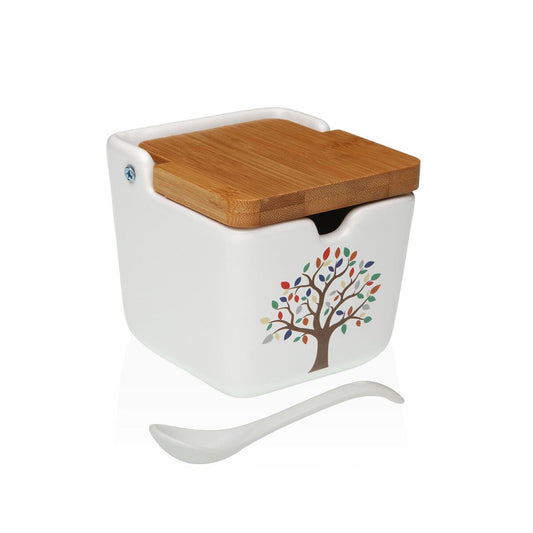 Sokeriastia keramiikka, bambukansi 8,8 x 8,5 x 8,8 cm, puukuviolla, keittiöön