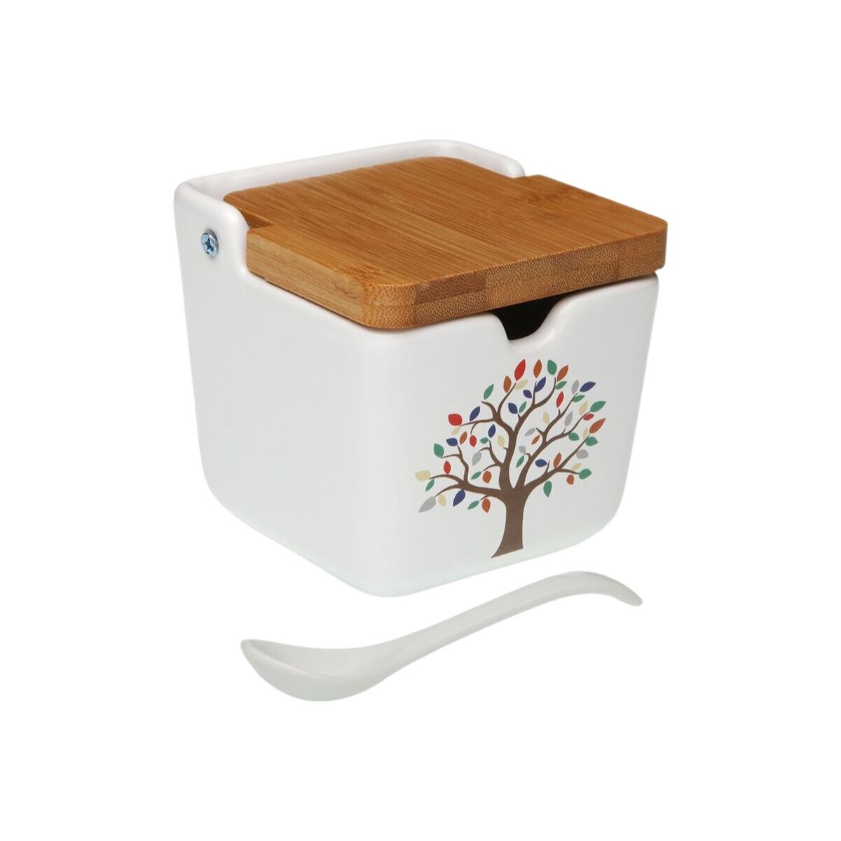 Sokeriastia keramiikka, bambukansi 8,8 x 8,5 x 8,8 cm, puukuviolla, keittiöön